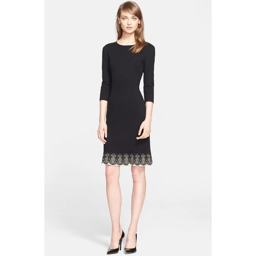 St. John Collection Nordstrom Knit Shift Dress Jacquard Scallop Lace Hem Black 6